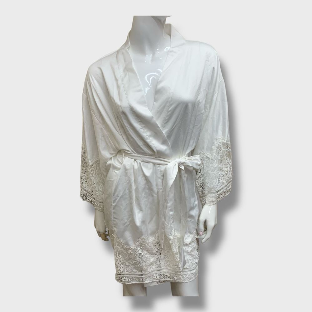 Flora Nikrooz Negligee Robe Womens White Satin Lace Trim Fairycore Sz S